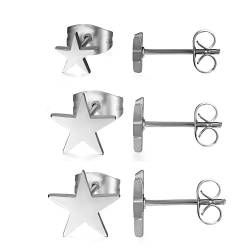 Aroncent 3 Paar Unisex Ohrstecker Set Edelstahl Stern Pentagramm poliert Ohrringe Ohr Piercing Geschenk für Herren Damen Silber, 6mm/8mm/10mm von Aroncent