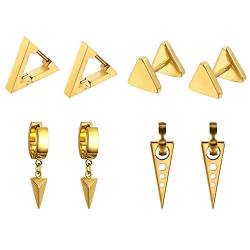 Aroncent 4 Paare Dreieck Ohrringe Triangel Ohrstecker Creolen Geometrie Ohrschmuck Herren Damen, Silber Gold Schwarz von Aroncent
