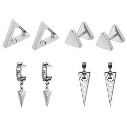 Aroncent 4 Paare Dreieck Ohrringe Triangel Ohrstecker Creolen Geometrie Ohrschmuck Herren Damen, Silber Gold Schwarz von Aroncent