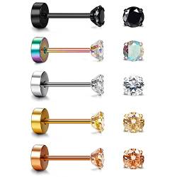 Aroncent 5 Paar Unisex Ohrstecker Set Klassische Edelstahl Zirkonia Runde Kreis Ohrringe Ohr Piercing Geschenk für Herren Damen, Gold Silber Rosagold schwarz bunt, 4mm von Aroncent