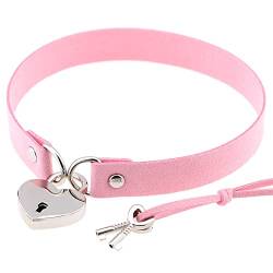 Aroncent Damen Herz Halskette Choker Halsband Leder Halskette Punk Stil verstellbare Choker Herz Anhänger mit Schlüssel Halsreif für Frauen Mädchen Damen, Pink von Aroncent