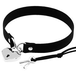 Aroncent Damen Herz Halskette Choker Halsband Leder Halskette Punk Stil verstellbare Choker Herz Anhänger mit Schlüssel Halsreif für Frauen Mädchen Damen, Schwarz von Aroncent