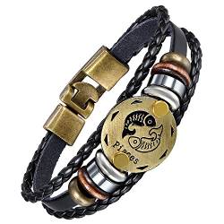 Aroncent Herren Damen Armband, Geflochten Wicekl Lederarmband Armreif Armschmuck mit Fische Tierzeichen Sternbild Anhänger, Schwarz von Aroncent