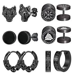 Unisex Wikinger Ohrstecker Ohrringe Set - 6 paar Herren Damen Edelstahl Schwarz Punk Ohrringe Set Geburtstag für Männer Frauen von Aroncent