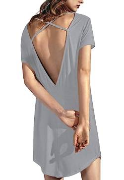 Aronlior Nachthemd Damen Sexy Schlafshirt V-Ausschnitt Kurzarm Nachtwäsche Rundhals Schlafshirt Damen Nachthemden für Damen Hellgrau 2XL von Aronlior