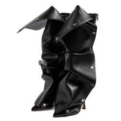 Arqa Damen Stiefel mit Stiletto-Absatz, kniehoch, spitze Zehenapplikation, Denim-Stiefel mit Reißverschluss, silberfarbene Knöpfe, fallender Stiefel, Schwarz (Black Pu), 38 EU von Arqa