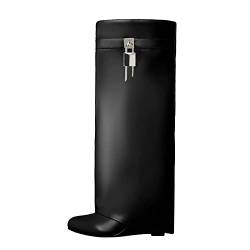 Arqa Faltbare Stiefel mit Keilabsatz, kniehohe Stiefel, breite Wade, Vorhängeschloss, Schwarz, 40.5 EU von Arqa