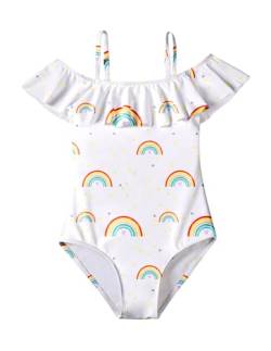 Arshiner Badeanzug für Mädchen Einteiler Swimsuit Regenbogen Schwimmanzug Kinder Bademode Rüschen Weiss Badeanzüge 110/4-5Jahre von Arshiner