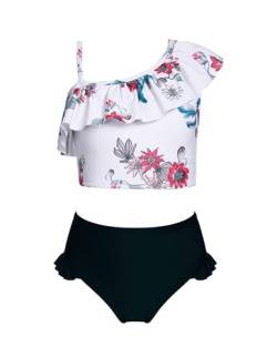 Arshiner Badebekleidung Mädchen Zweiteiliger Bademode Kinder Bikini Set Rüschen Verstellbarer Schultergurt Tankini mit Triangel Blumendruck Schwimmen Kleidung Schwarz 140 von Arshiner