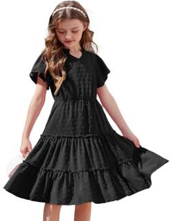 Arshiner Kleid für Mädchen Chiffon Kurzarm Kleider V-Ausschnitt Sommerkleid Schwarz Partykleid Kinder Lässiges Kleid Einschulung Kinderkleider 7-8 Jahre von Arshiner