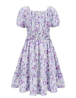 Arshiner Kleid für Mädchen Sommer Blumen Kleid Rückenfrei Kinderkleid Lila Quadratische Kragen Strandkleid Prinzessinkleid Partykleid 146 von Arshiner