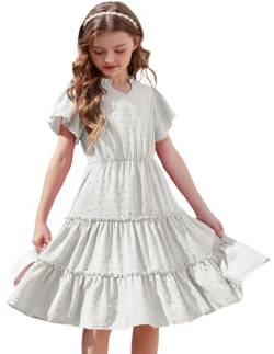 Arshiner Kleider für Mädchen Kurzarm Kleid Sommer Swiss Dot Kleider Kinder V-Ausschnitt Chiffonkleid Strandkleid Hochzeit Kinderkleid Einschulung Geburtstag Kommunionkleid Weiß 10-11 Jahre von Arshiner