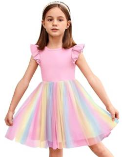 Arshiner Kleider für Mädchen Regenbogen Kleid Flatterärmeln Sommerkleid A-Line Partykleid Prinzessinenkleid Tutu Geburtstagskleid Ballkleid Rosa 100/4-5Jahre von Arshiner