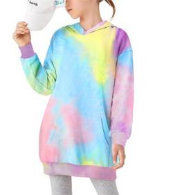 Arshiner Mädchen Hoodie Kleid Langarm Tie Dye Kapuzenkleid Kinder Lässig Pullover Baitk Sweatshirt Kleider mit Kapuze und Tasche für Mädchen 4-13 Jahre von Arshiner