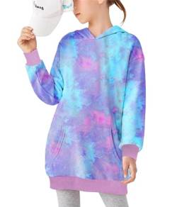 Arshiner Mädchen Hoodie Kleid Langarm Tie Dye Kapuzenkleid Kinder Lässig Pullover Baitk Sweatshirt Kleider mit Kapuze und Tasche für Mädchen 4-13 Jahre von Arshiner