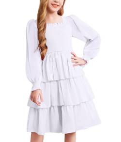 Arshiner Mädchen Kleider Elegant Prinzessin A-Linie Langarm Party Hochzeit Gestuftes Kleider für Mädchen Weiß 120 von Arshiner