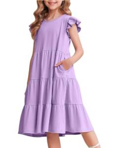 Arshiner Mädchen Kleider Rüschenärmel Sommer Kinder Baumwolle Freizeitkleid Rundhals ärmellos Swing Festliches Kleid für Mädchen 10-11 Jahre Lila von Arshiner