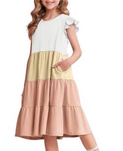 Arshiner Mädchen Kleider Rüschenärmel Sommer Kinder Baumwolle Freizeitkleid Rundhals ärmellos Swing Festliches Kleid für Mädchen 13-14 Jahre von Arshiner