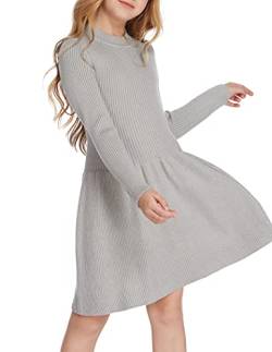 Arshiner Mädchen Pullover Kleid Herbst Winter Kleid Langarm Strickkleid Flare Skater Kleid A-Linie Einfarbig Basic Kinder Freizeitkleid Hellgrau 120 von Arshiner