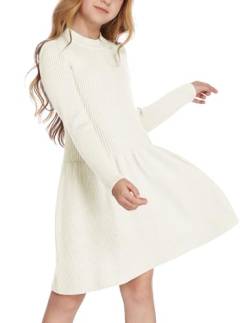 Arshiner Mädchen Pullover Kleid Herbst Winter Kleid Langarm Strickkleid Flare Skater Kleid A-Linie Einfarbig Basic Kinder Freizeitkleid Weiß 120 von Arshiner