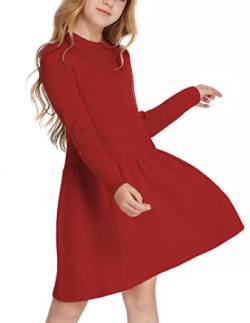 Arshiner Mädchen Pullover Kleid Herbst Winter Kleid Langarm Strickkleid Weihnachtskleid Flare Skater Kleid A-Linie Einfarbig Basic Kinder Freizeitkleid Rot 160 von Arshiner