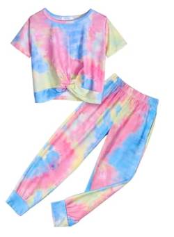 Arshiner Mädchen Schlafanzüge Batik Kinder Sommer Pyjama-Set Leicht Kurzarm Tie-dye Schlafanzug für Mädchen 10-11 Jahre von Arshiner