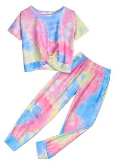 Arshiner Mädchen Schlafanzüge Batik Kinder Sommer Pyjama-Set Leicht Kurzarm Tie-dye Schlafanzug für Mädchen 12-13 Jahre von Arshiner