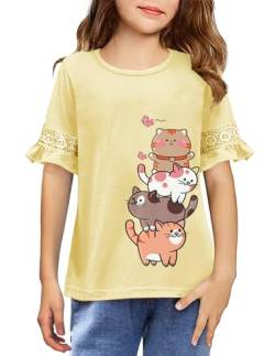 Arshiner Mädchen T-Shirts Gestickter Kurzarm Kinder Mode Freizeit Shirt Sommer Spitze Ärmel Tops Basic Tshirt für Mädchen 4-5 Jahre 110 von Arshiner