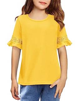 Arshiner Mädchen T-Shirts Gestickter Kurzarm Kinder Mode Freizeit Shirt Sommer Spitze Ärmel Tops Basic Tshirt für Mädchen 8-9 Jahre 130 von Arshiner