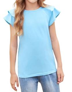 Arshiner Mädchen T-Shirts Gewellte Ärmel Kinder Sommer Rundhals Kurzarm Tops Lässig Mode Einfarbig Tshirt für Mädchen 5-6 Jahre Himmelblau von Arshiner