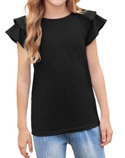 Arshiner Mädchen T-Shirts Gewellte Ärmel Kinder Sommer Rundhals Kurzarm Tops Lässig Mode Einfarbig Tshirt für Mädchen 5-6 Jahre Schwarz von Arshiner