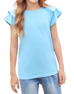 Arshiner Mädchen T-Shirts Gewellte Ärmel Kinder Sommer Rundhals Kurzarm Tops Lässig Mode Einfarbig Tshirt für Mädchen 7-8 Jahre Himmelblau von Arshiner