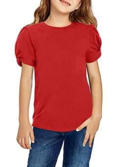 Arshiner Mädchen T-Shirts Puffarm Sommer Freizeit Kinder Shirts Tops Mode Rundhals Baumwolle Basic Kurzarm Tshirt für Mädchen 12-13 Jahre Rot von Arshiner