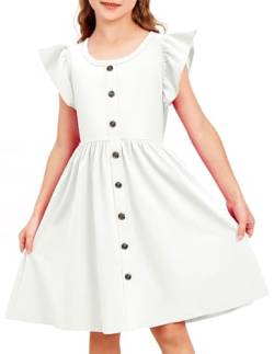 Arshiner Sommer Mädchenkleider Rüschenärmel Kinder Baumwolle Freizeitkleid Knopf A-Linie Midi Rundhals Festliche Kleid für Mädchen 5-6 Jahre Weiß von Arshiner