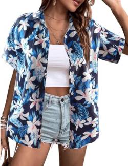 Arssm Hawaii-Hemden für Damen, tropische Urlaubs-Outfits 2024, Sommer, Knopfleiste, kurzärmelig, Strand, Blumenbluse, Tops, Blau, Groß von Arssm