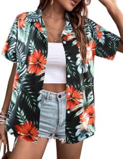 Arssm Hawaii-Hemden für Damen, tropische Urlaubs-Outfits 2024, Sommer, Knopfleiste, kurzärmelig, Strand, Blumenbluse, Tops, Schwarz, Groß von Arssm