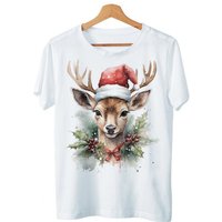 Art & Detail Shirt T-Shirt Weihnachten Design Reh mit Weihnachtsmütze für Damen Geschenk, Weihnachten, Reh von Art & Detail Shirt