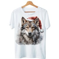 Art & Detail Shirt T-Shirt Weihnachten Design Wolf mit Weihnachtsmütze für Damen und Herren Geschenk, Weihnachten, Hund, Husky von Art & Detail Shirt