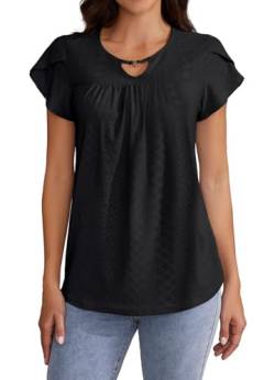 ArtJuly Bluse Damen Kurzarm Sommer Blütenblatt T-Shirts Rundhals Elegant Lässig Tunika Locker Oberteile Basic Top Tuniken für Damen Leicht Sommerblusen Hemd Damen Kurzarm Longbluse,Schwarz,L von ArtJuly