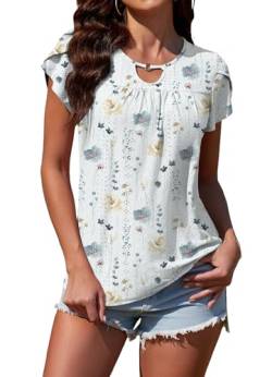 ArtJuly Bluse Damen Kurzarm Sommer Blütenblattärmeln T-Shirts Rundhals Elegant Lässig Tunika Locker Oberteile Basic Top Tuniken für Damen Leicht Sommerblusen Damen Kurzarm Longbluse,Weiße Blume,M von ArtJuly