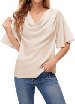 ArtJuly Bluse Damen Sommer Elegant Satin Blusen Kurzarm Wasserfallkragen Tunika Tops Glockenärmel Kurzarm Lockerer Shirt Fließende Festliche Oberteile Top,Aprikose,M von ArtJuly