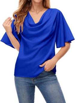 ArtJuly Bluse Damen Sommer Elegant Satin Blusen Kurzarm Wasserfallkragen Tunika Tops Glockenärmel Kurzarm Lockerer Shirt Fließende Festliche Oberteile Top,Königsblau,XL von ArtJuly