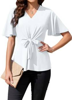 ArtJuly Bluse Damen Sommer Wickelbluse Elegant Oberteile Glockenärmel V-Ausschnitt Kurzarm A-Linie Casual Shirts Business Tunika Tops Festliche Blusen Damenblusen mit Rüschen,Helles Weiss,M von ArtJuly