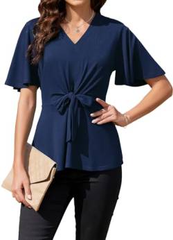 ArtJuly Bluse Damen Sommer Wickelbluse Elegant Oberteile Glockenärmel V-Ausschnitt Kurzarm A-Linie Casual Shirts Business Tunika Tops Festliche Blusen Damenblusen mit Rüschen,Navy blau,2XL von ArtJuly