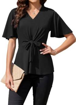 ArtJuly Schwarz Damen Bluse Elegant Glockenärmel Blusen Kurzarm Elastische Taille Oberteile Slim Fit Sommerbluse mit Rüschen Bluseshirt Casual A-Linien Form Tunika Tops Festliches Blusen,Schwarz,2XL von ArtJuly