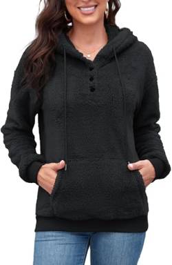 ArtJuly Hoodie Damen Pullover Teddy-Fleece Sweatshirt Warme Dicke Kapuzenpullover Herbst Winter Langarm Plüsch Pulli mit Tasche und Kapuze Oversize Winterpullover Einfarbig Plüschjacke,Schwarz L von ArtJuly