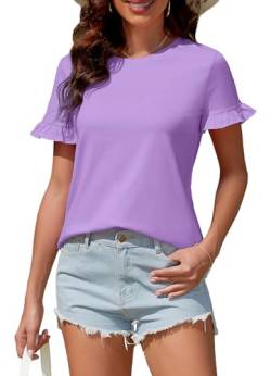 ArtJuly Damen Tshirt Elegant Sommer Rundhals Oberteile Rüschen Shirt Basic T-Shirts für Damen Atmungsaktiv Blusenshirt Damen Kurzarm Bluse Lässige Tunika Tops,Helles Lila,S von ArtJuly