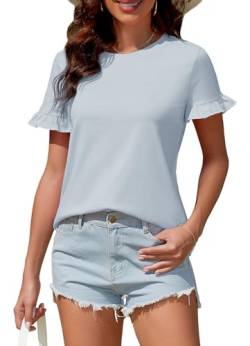 ArtJuly Damen Tshirt Elegant Sommer T-Shirts für Damen Rundhals Oberteile mit Rüschen Basic Shirt Atmungsaktiv Blusenshirt Lässige Einfarbig Kurzarm Tunika Bluse,Hellgrün,L von ArtJuly