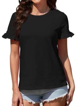 ArtJuly Damen Tshirt Elegant Sommer T-Shirts für Damen Rundhals Oberteile mit Rüschen Basic Shirt Schwarz Atmungsaktiv Blusenshirt Lässige Einfarbig Kurzarm Tunika Bluse,Schwarz,L von ArtJuly