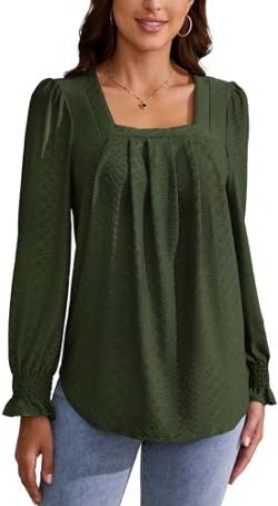 ArtJuly Tunika Damen Bluse Spreizkragen T-Shirt Elegante Shirts Lässige Streetwear Puffärmel Langarmshirt Oberteile Tops mit Laternenärmeln Longsleeve Damen Plissee vorne Bluse,Army Green L von ArtJuly